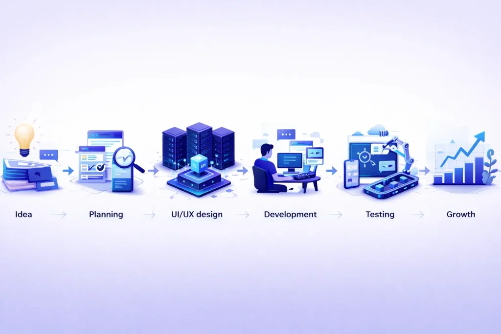 Scalable app development process showing planning, design, development, testing, and deployment